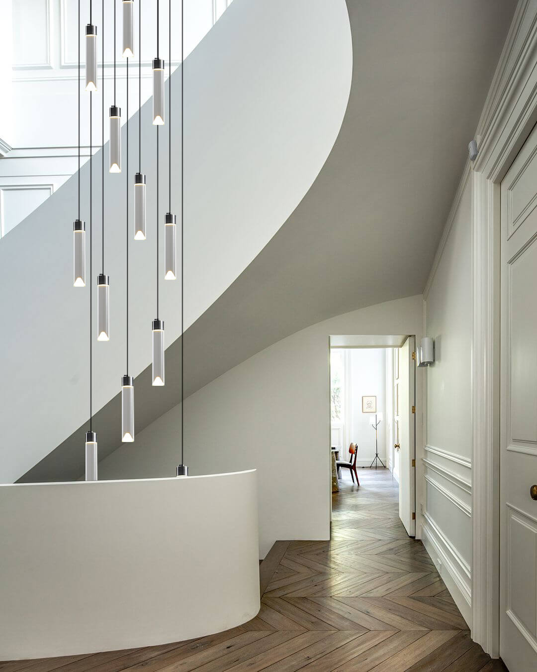 multi crystal cylinder pendant light for spiral staircase