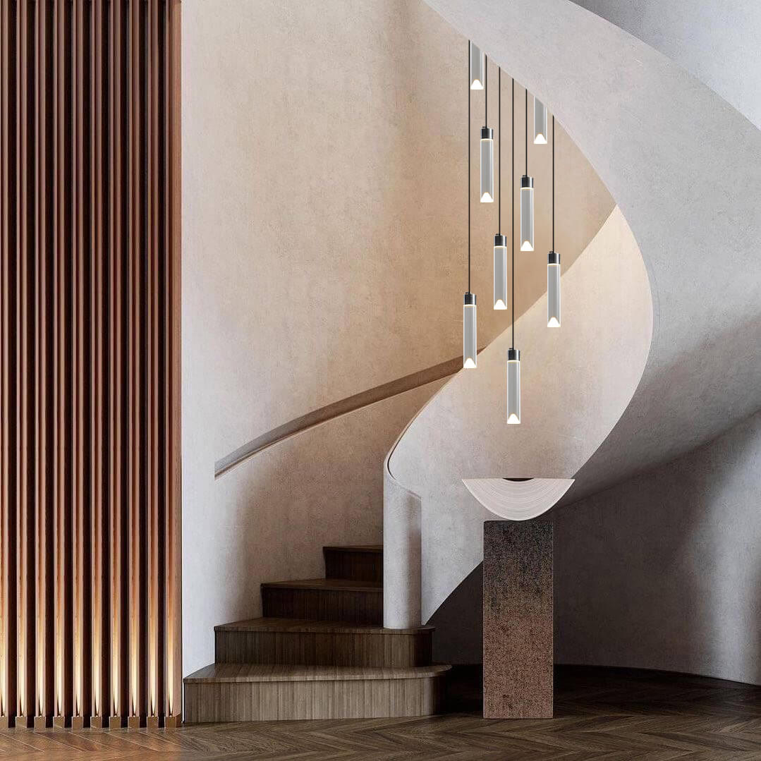 multi crystal cylinder pendant light for spiral staircase