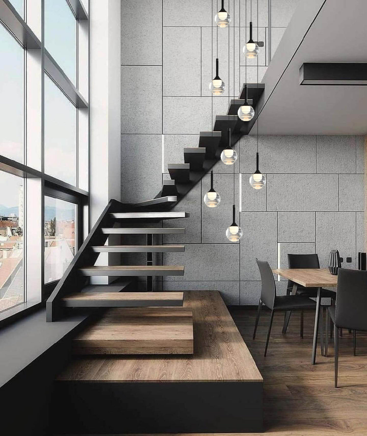 glass globe pendant lighting hanging from staircase