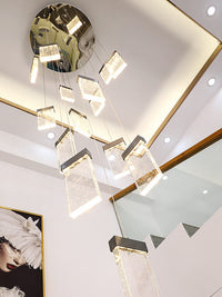 square crystal bubble pendant light hanging from ceiling
