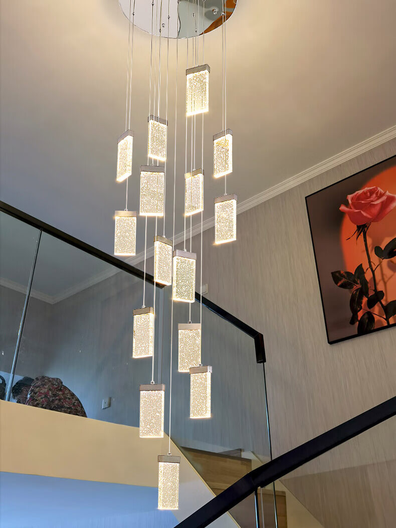 square crystal bubble pendant light hanging from ceiling for staircase